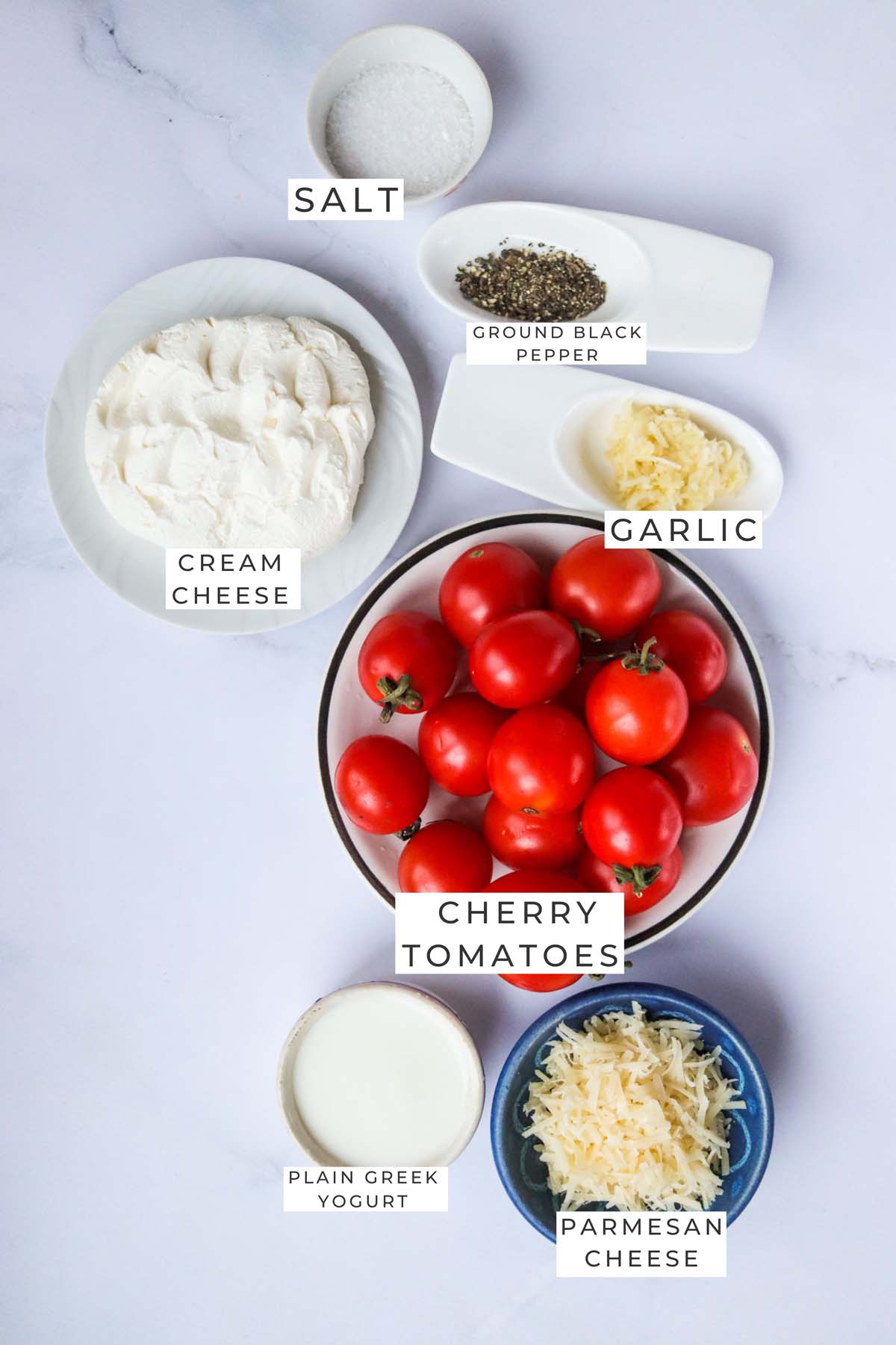 cream cheese stuffed cherry tomatoes labeled ingredients.