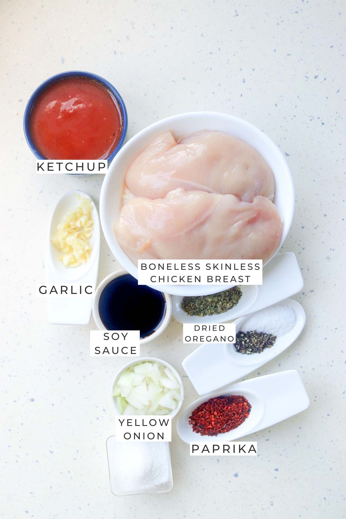 Labeled ingredients for the chicken tacos.