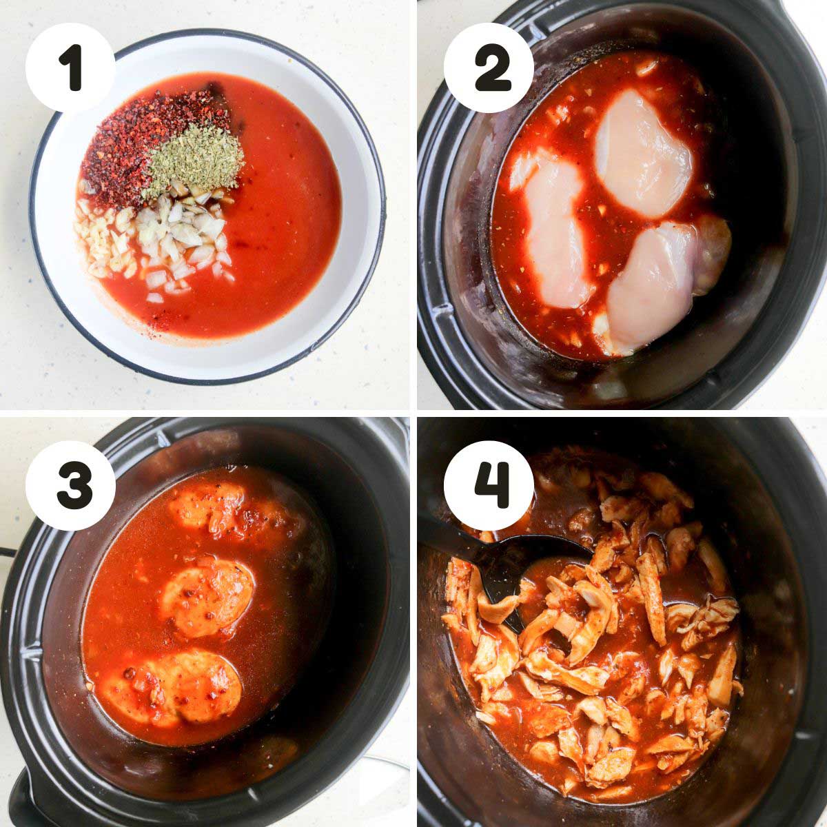 four image process making crock pot pulled chicken.