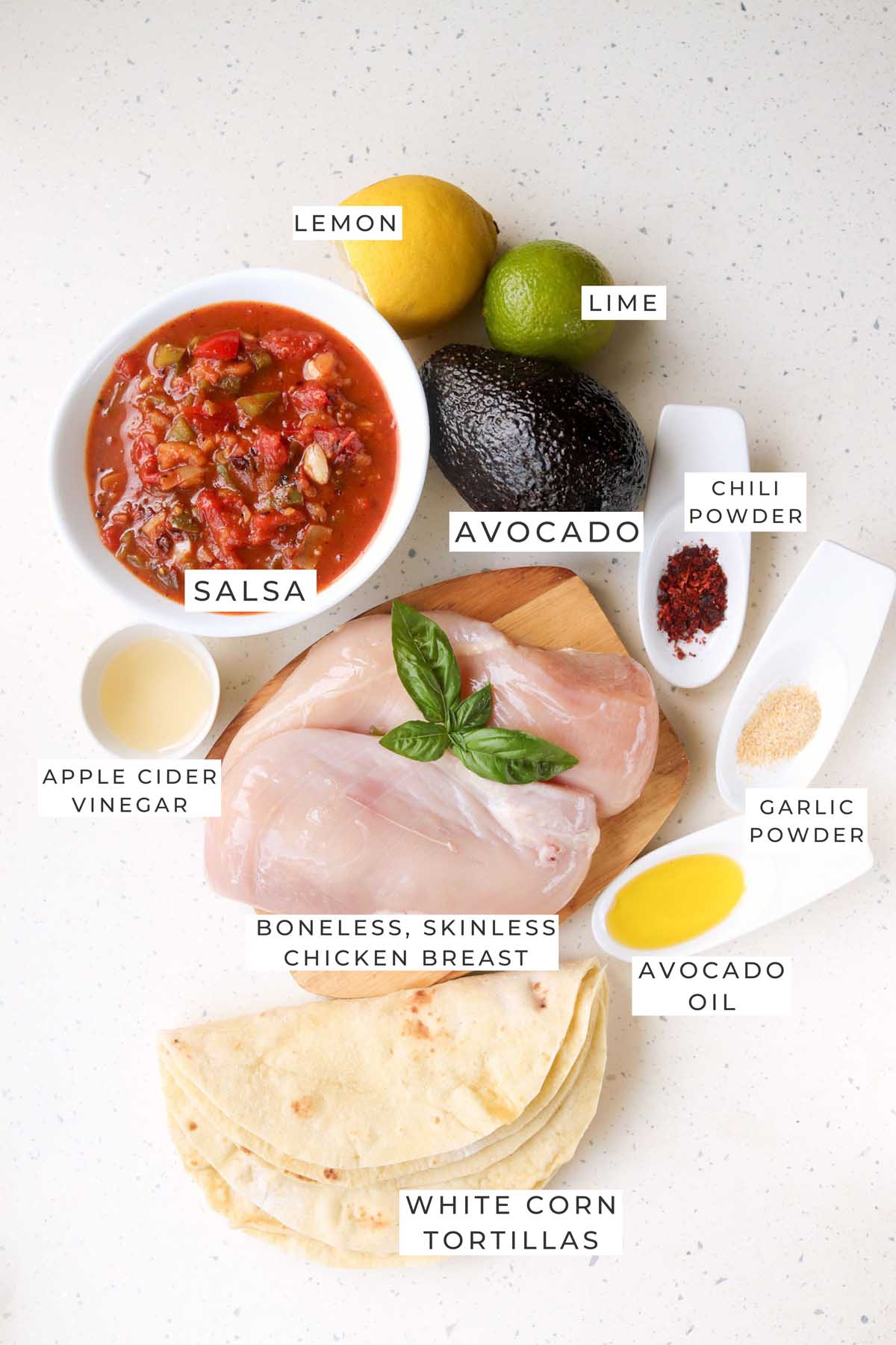 Labeled ingredients for the chicken tacos.