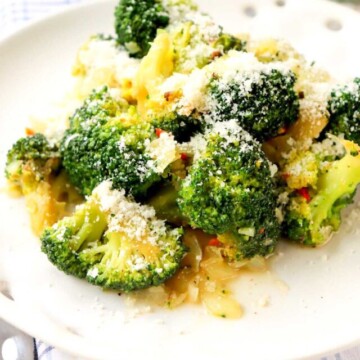 side view of balsamic vinegar broccoli on a plate.