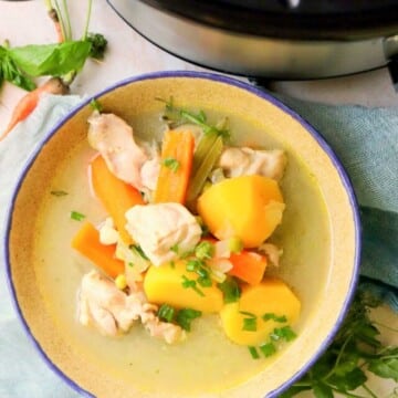 Stew in a bowl next to the Crock Pot.