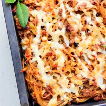 baked spaghetti casserole in a baking dish.