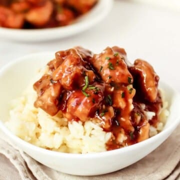 Chicken in a bowl served over rice.