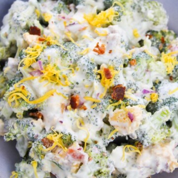 broccoli salad topped with bacon.
