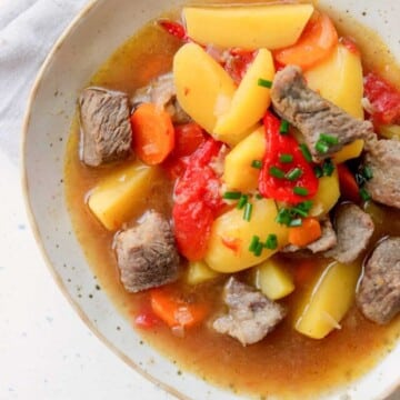 Beef stew in a bowl.