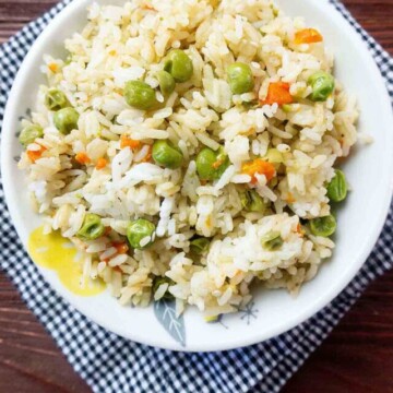 top view of fried rice in a bowl.