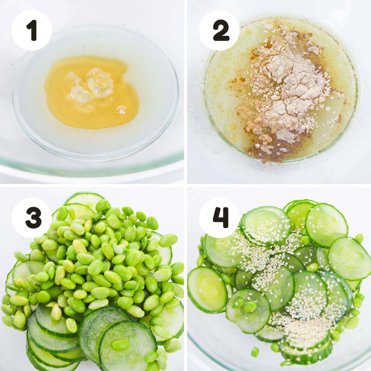 four image process making cucumber edamame salad.
