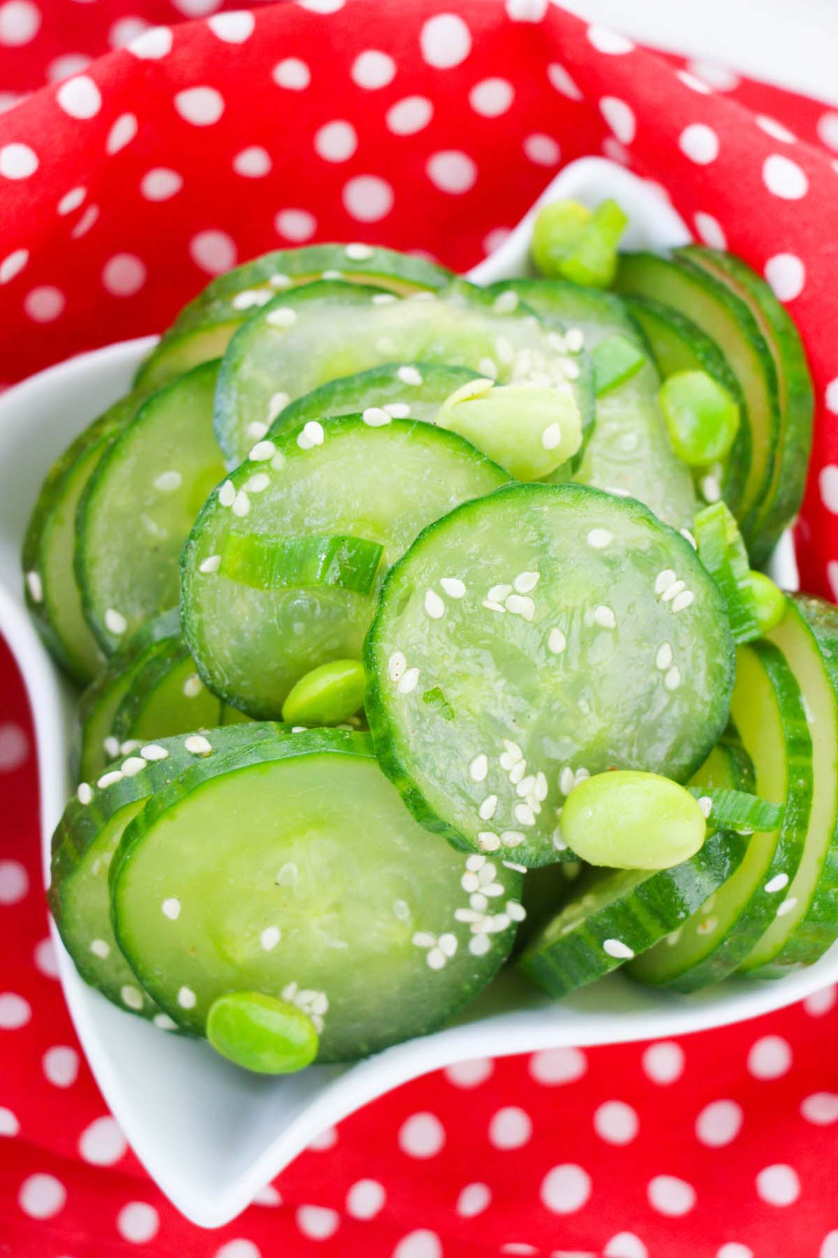 top view of cucumber salad in a bowl.