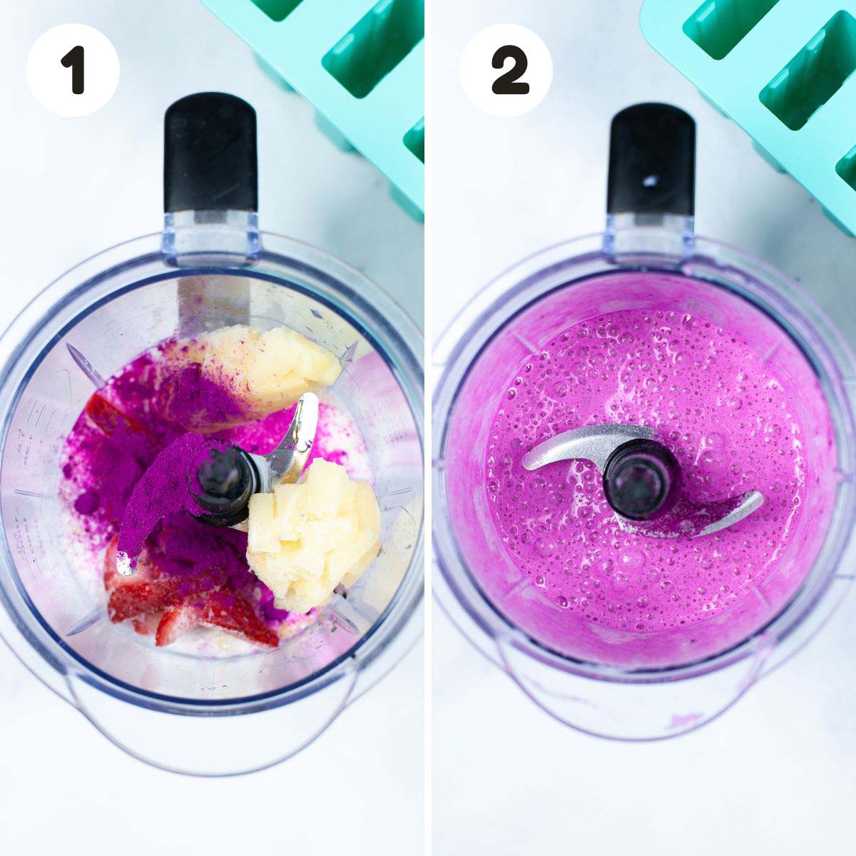 two image process making dragon fruit popsicles.