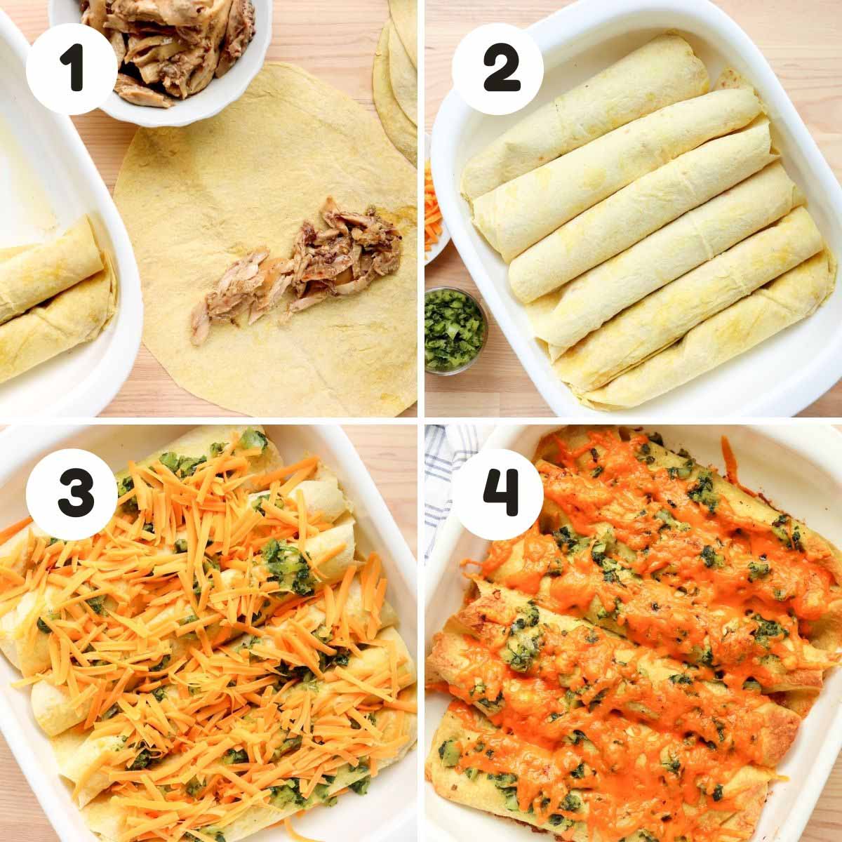 four image process making chicken enchiladas.