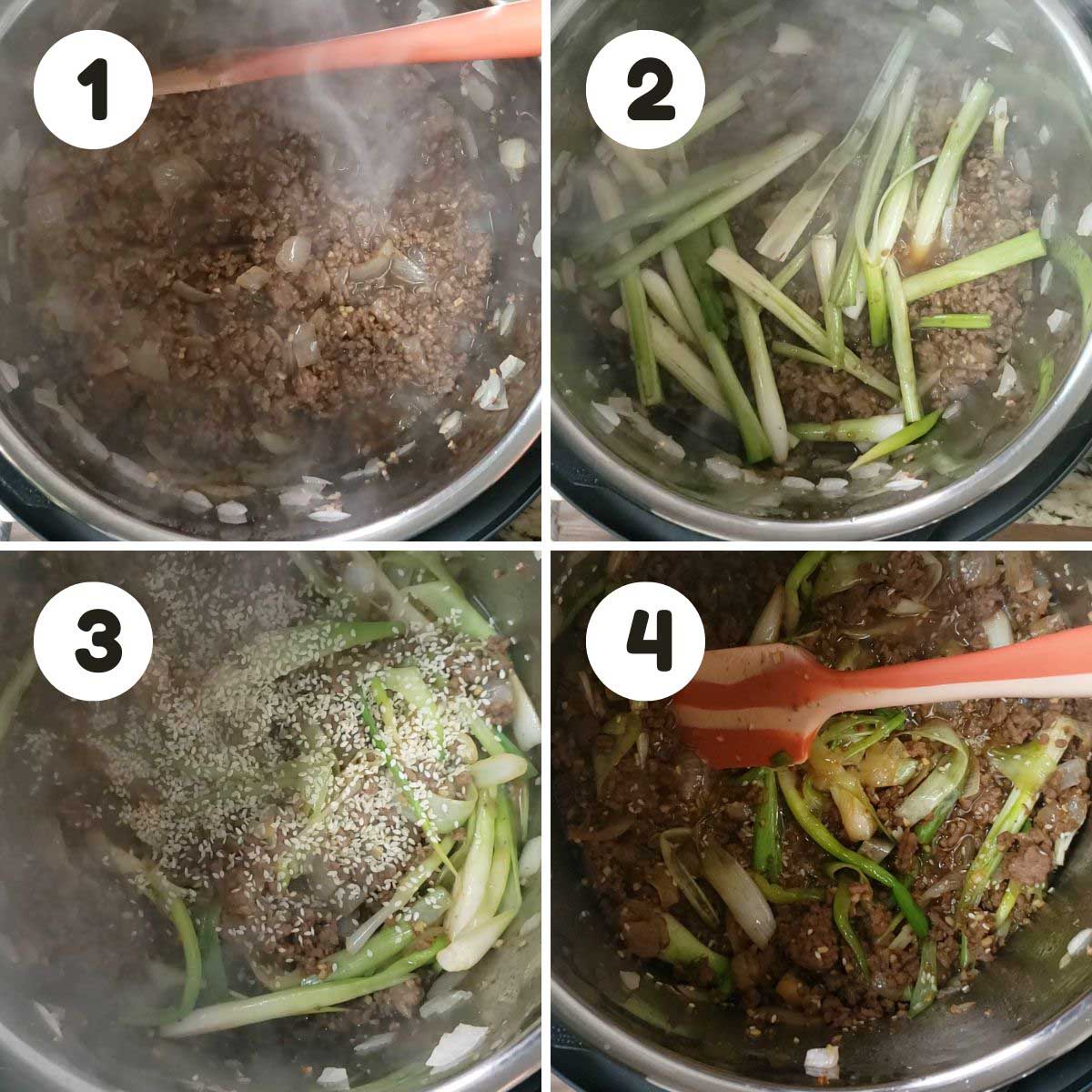 four image process making Instant Pot Asian beef.