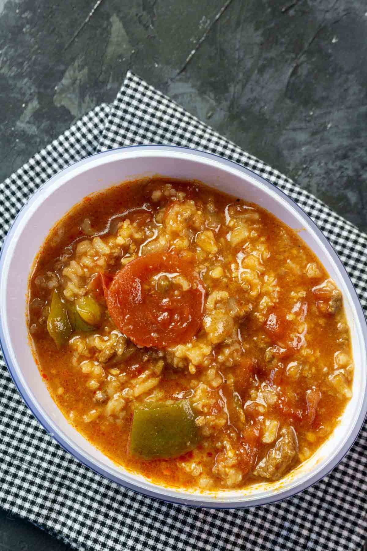 Soup in a bowl.