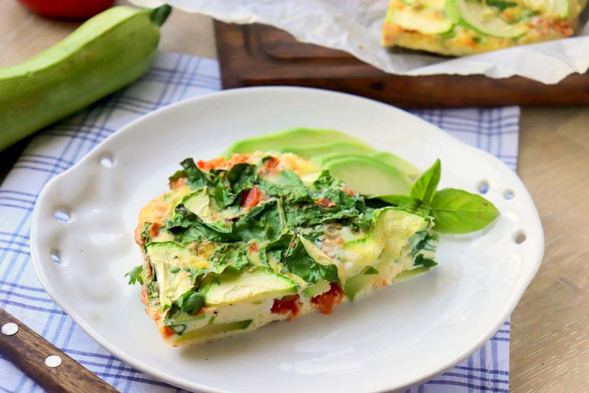 slice of egg bake on a plate.