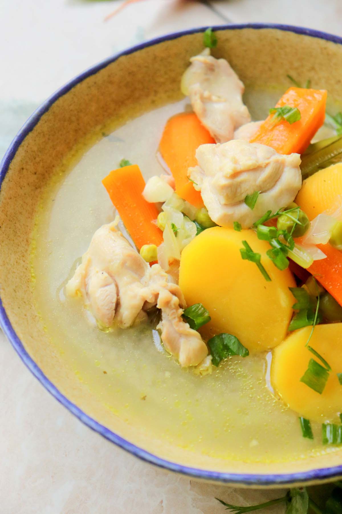 Stew in a bowl with chunks of chicken and potatoes.