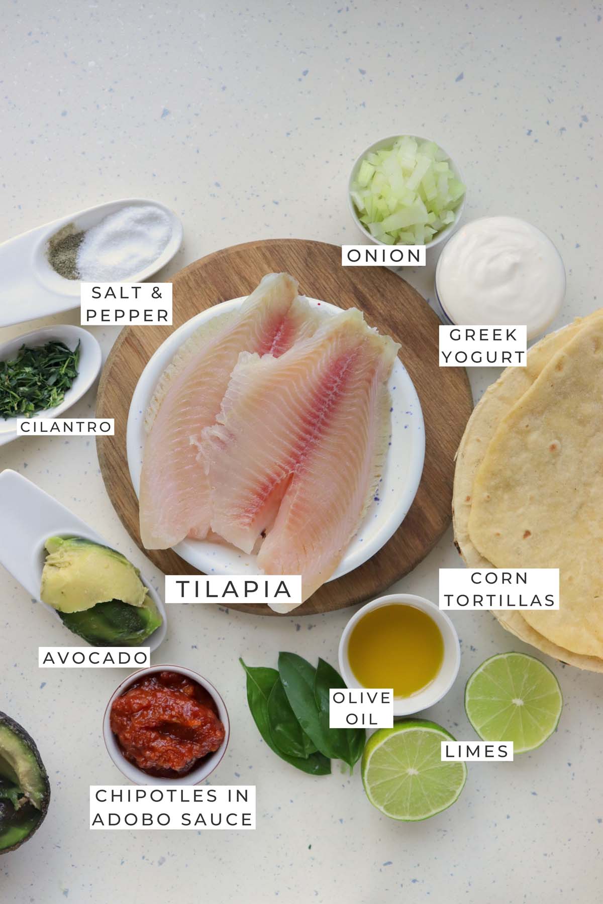 Labeled ingredients for the fish tacos.