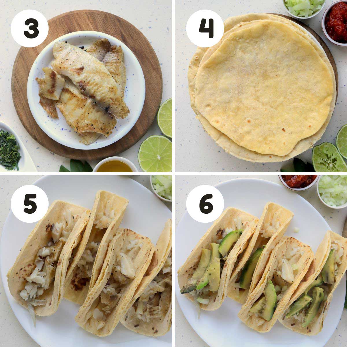 Steps to assemble the fish tacos.