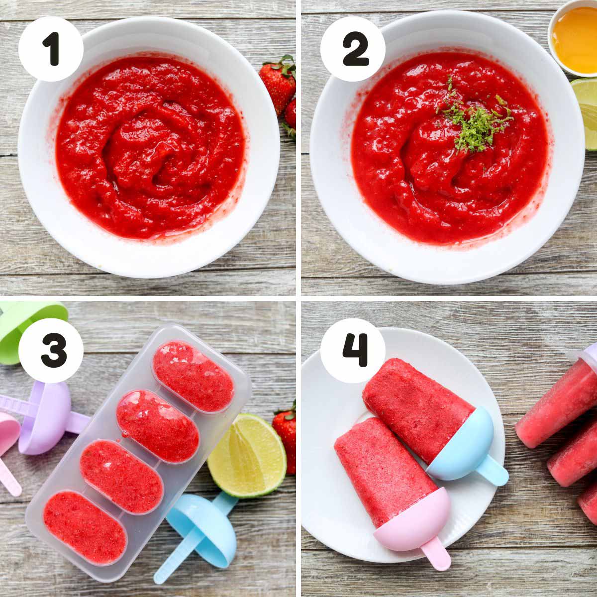four image process making fresh strawberry popsicles.