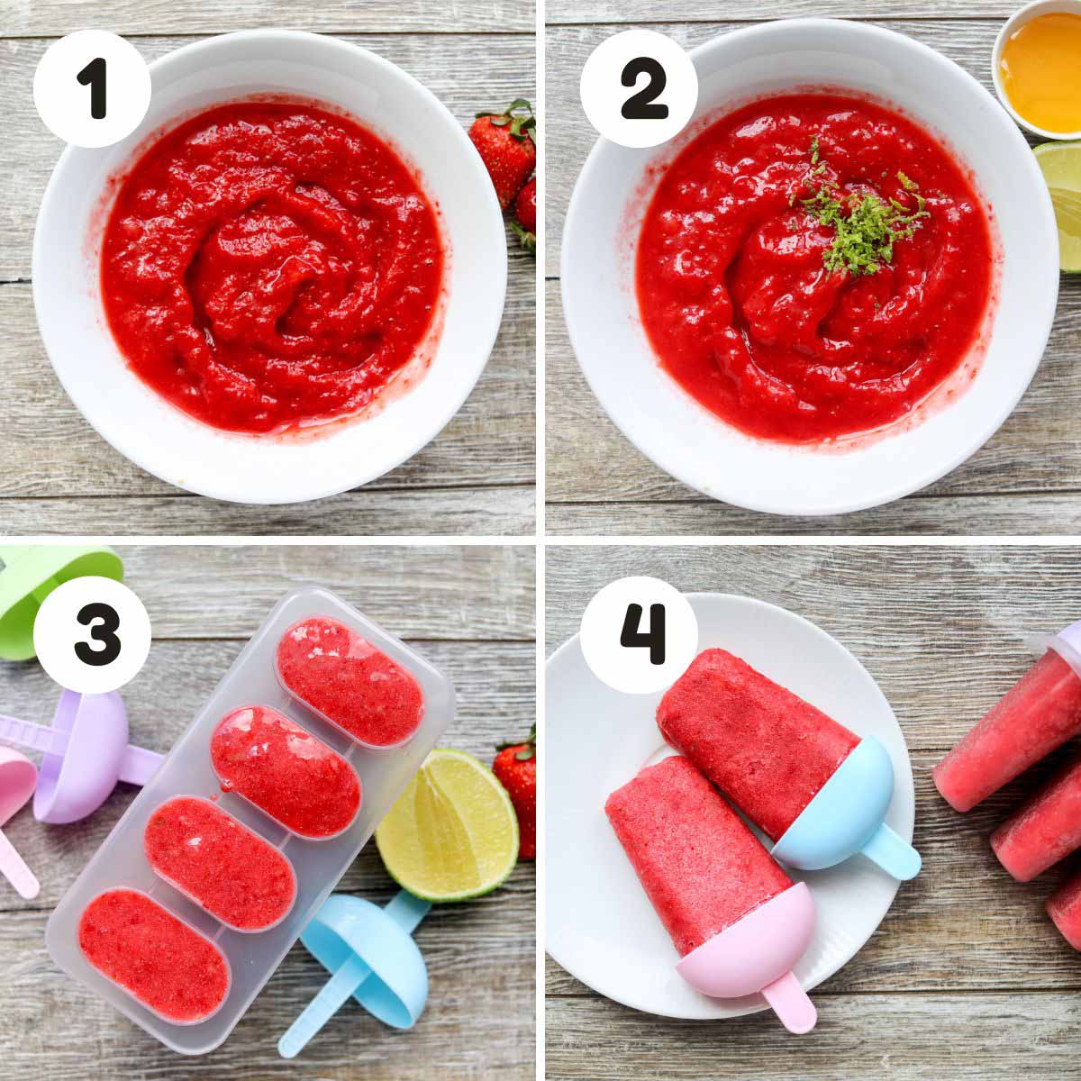 Steps to make the strawberry popsicles.