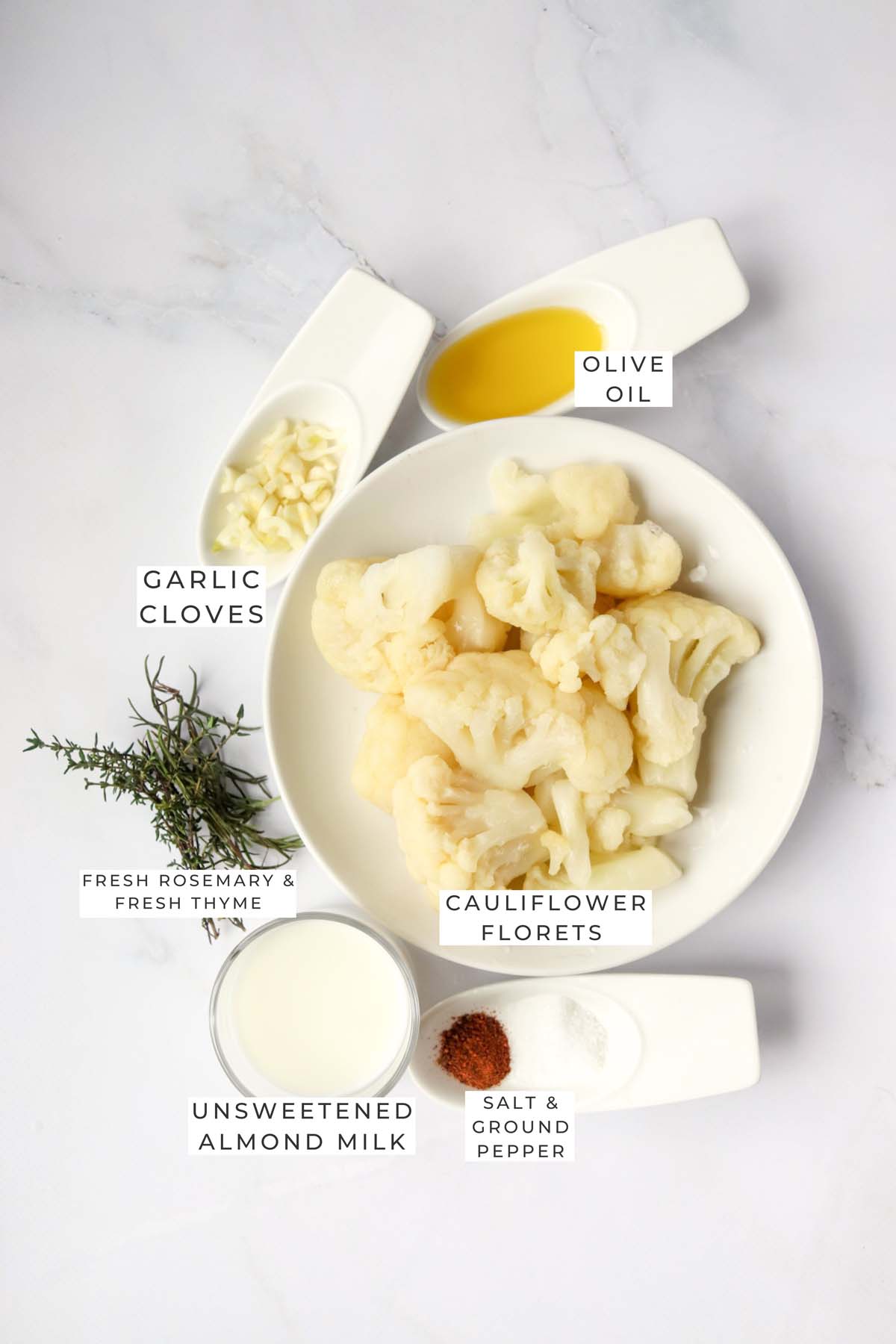 Labeled ingredients for the mashed cauliflower.