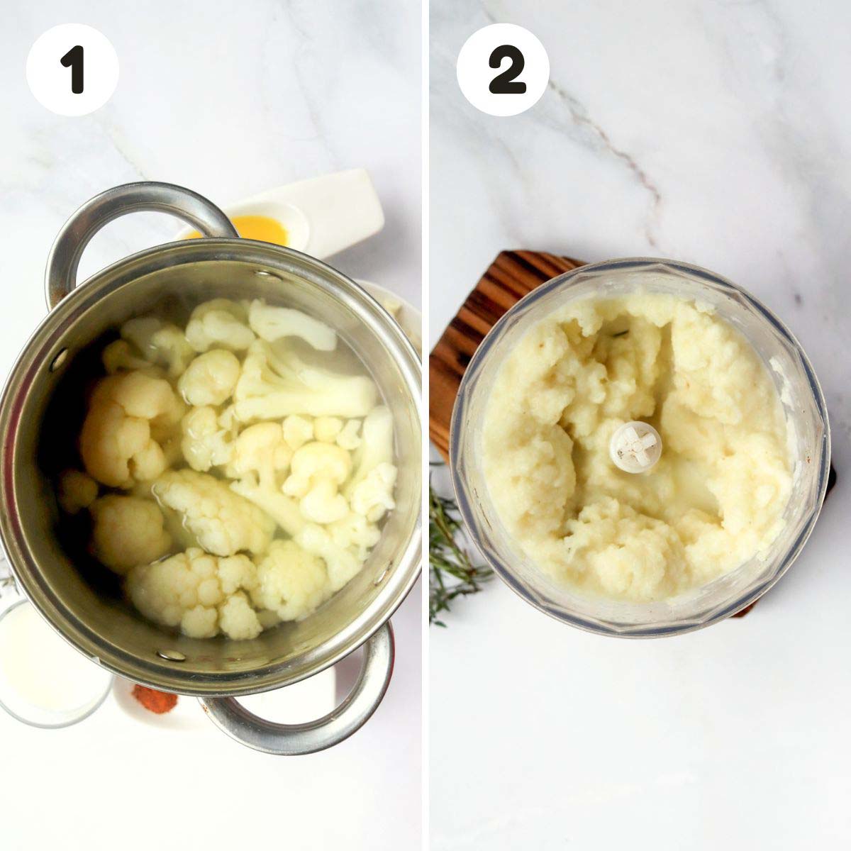 two image process making garlic and herb mashed cauliflower.