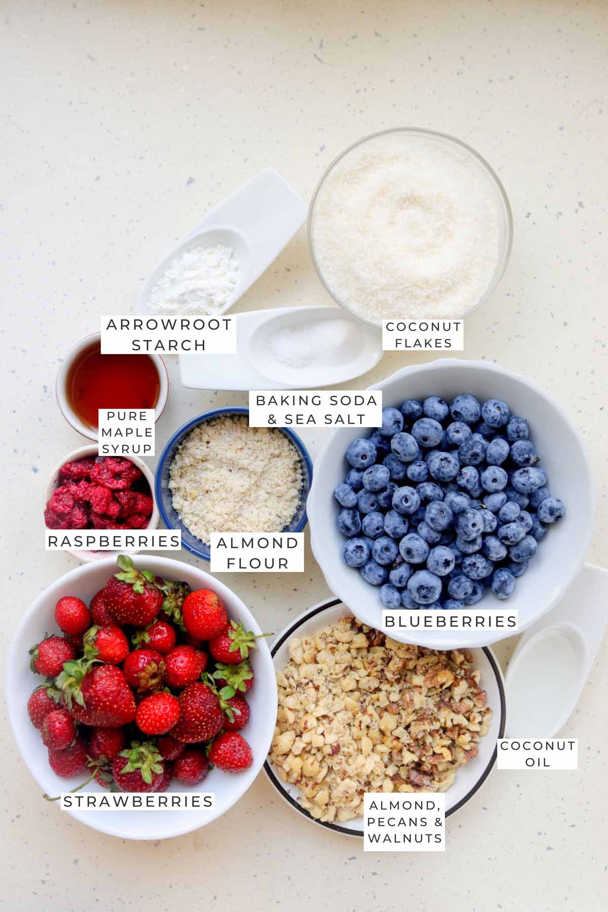 Labeled ingredients for the berry crumble.