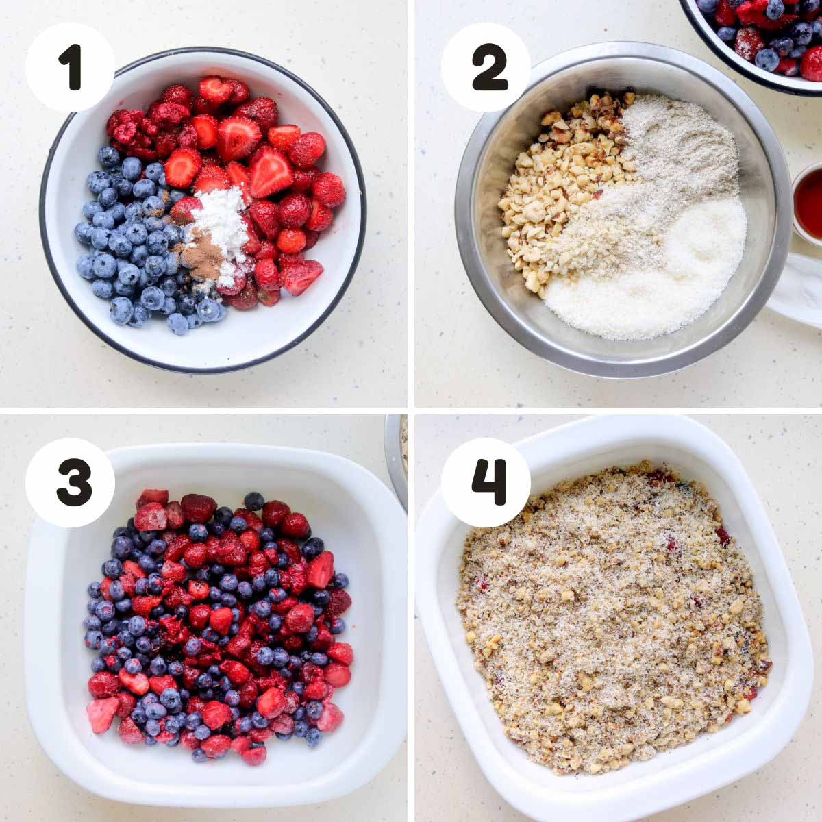 four image process making berry crumble.
