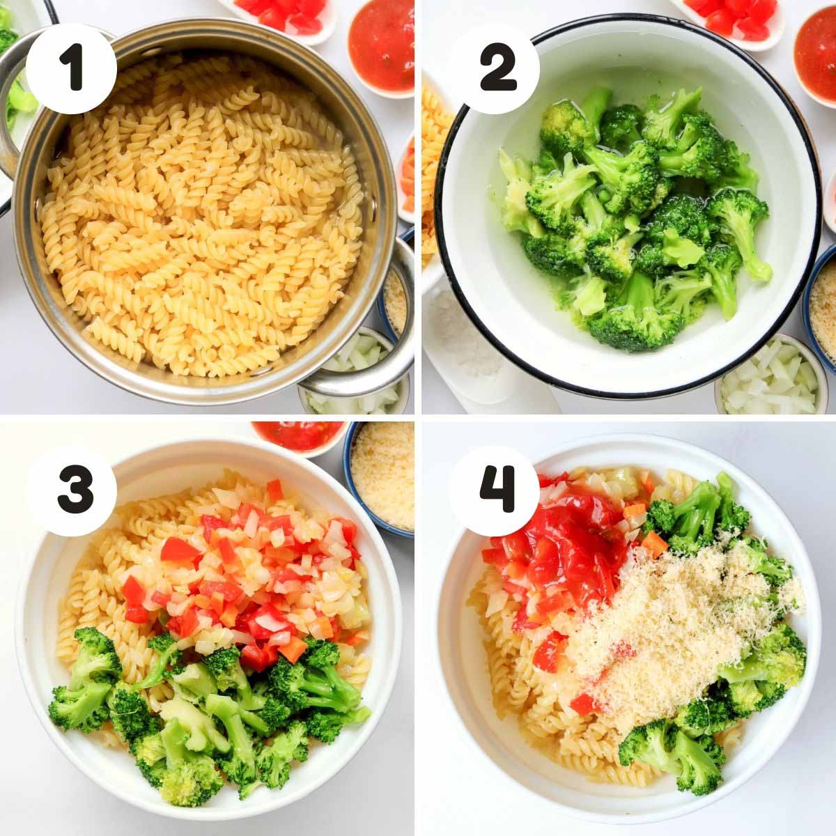 four image process making Italian pasta salad.