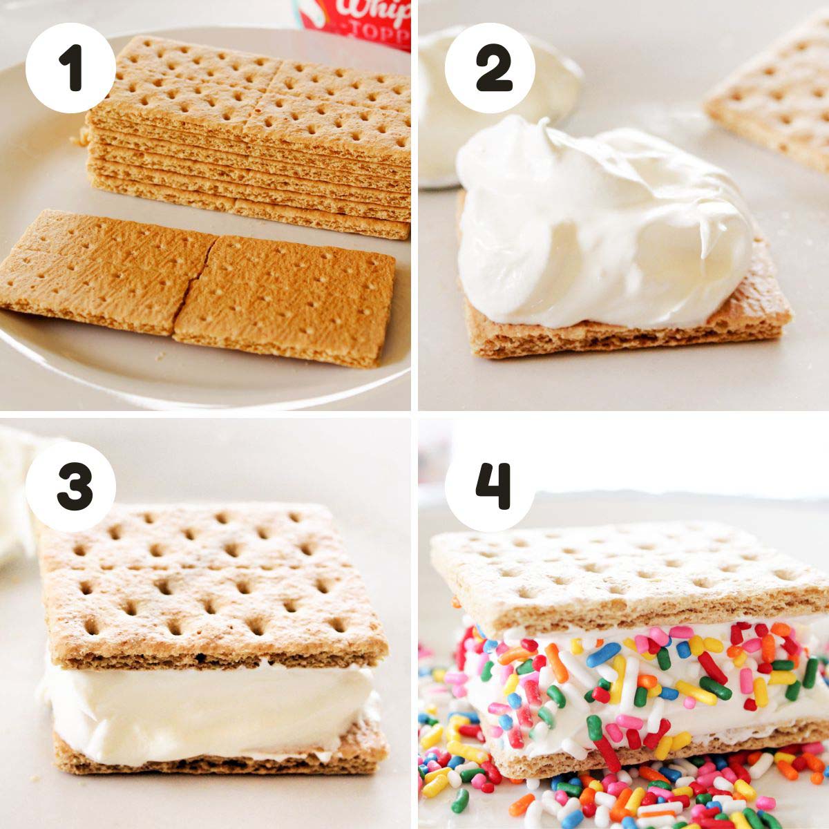 four image process making whipped topping sandwiches.