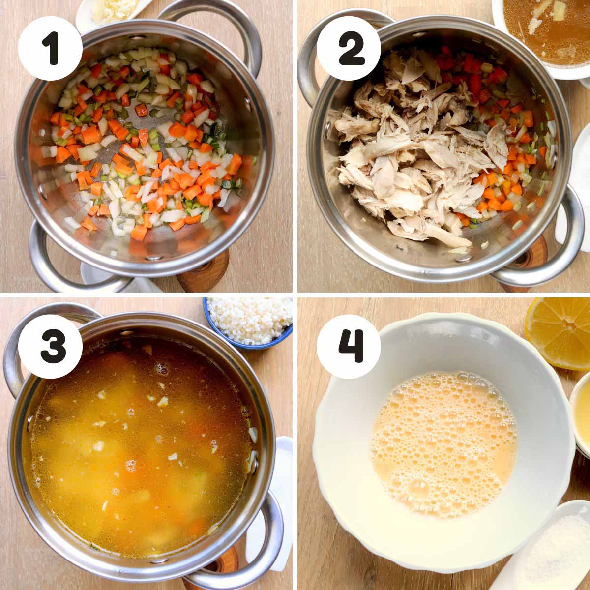four image process making greek lemon chicken soup.