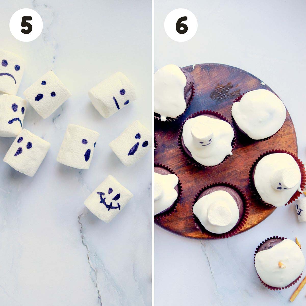 Steps to assemble the ghost cupcakes.