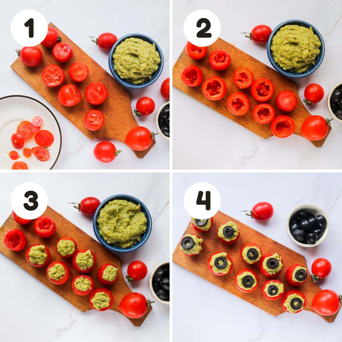 four image process making Halloween guacamole.