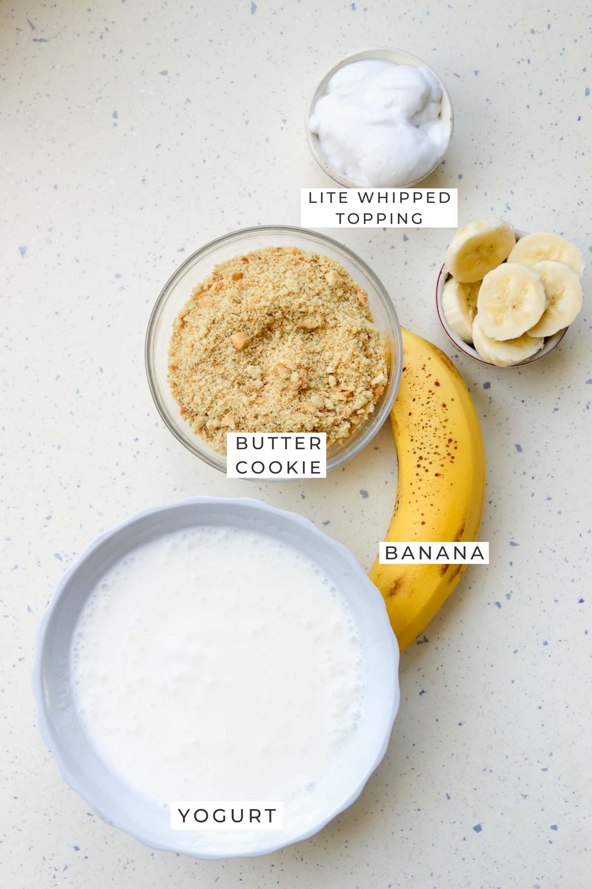 Labeled ingredients for the banana cream pie.