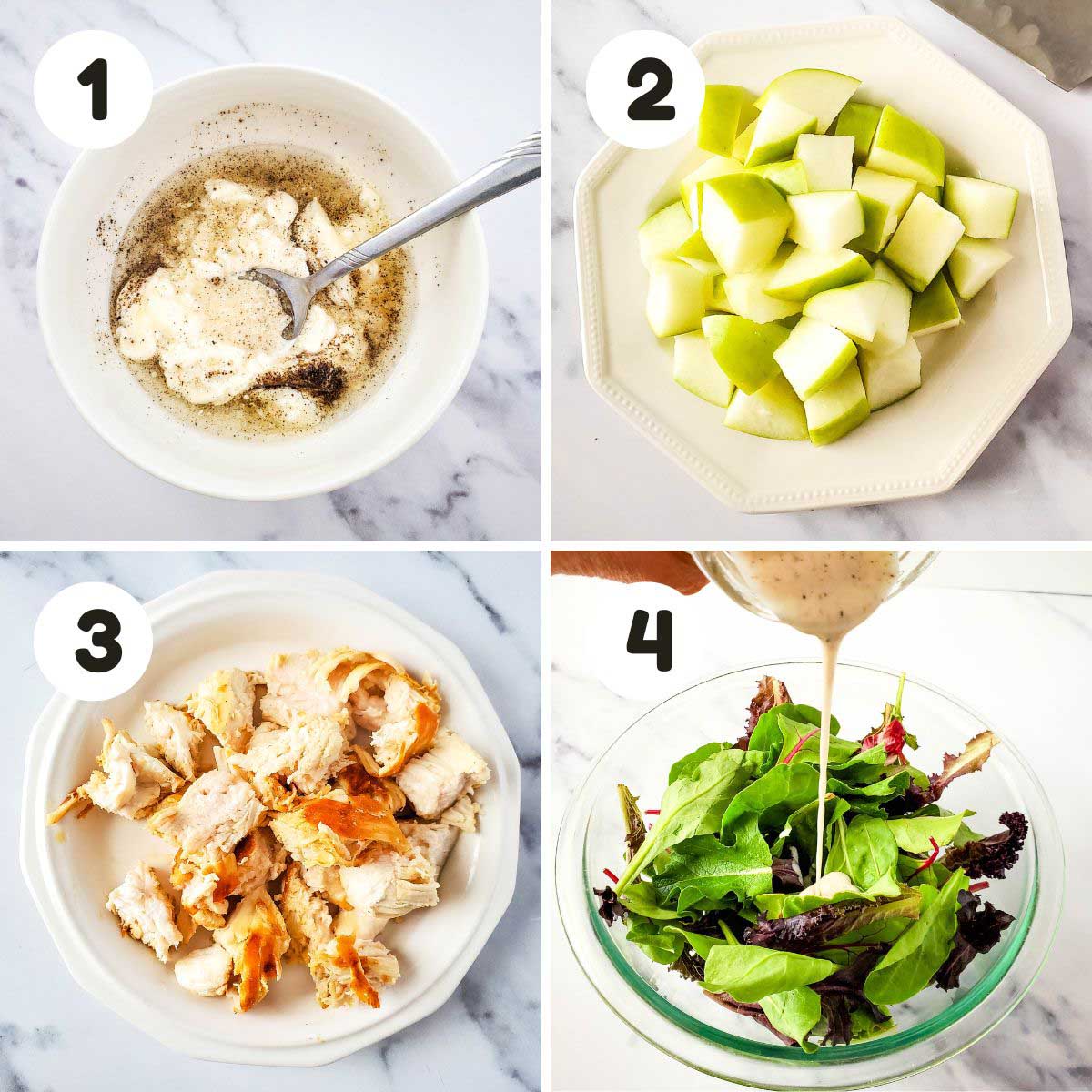 four image process making chicken salad.
