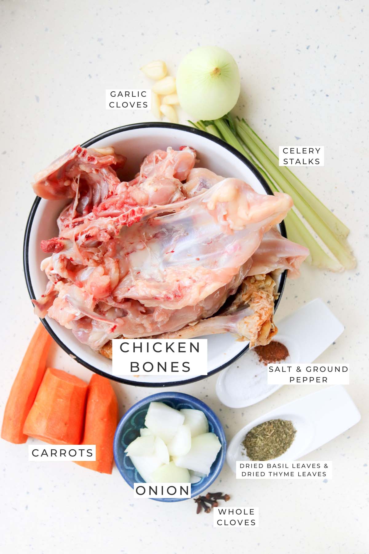 Labeled ingredients for the chicken stock.