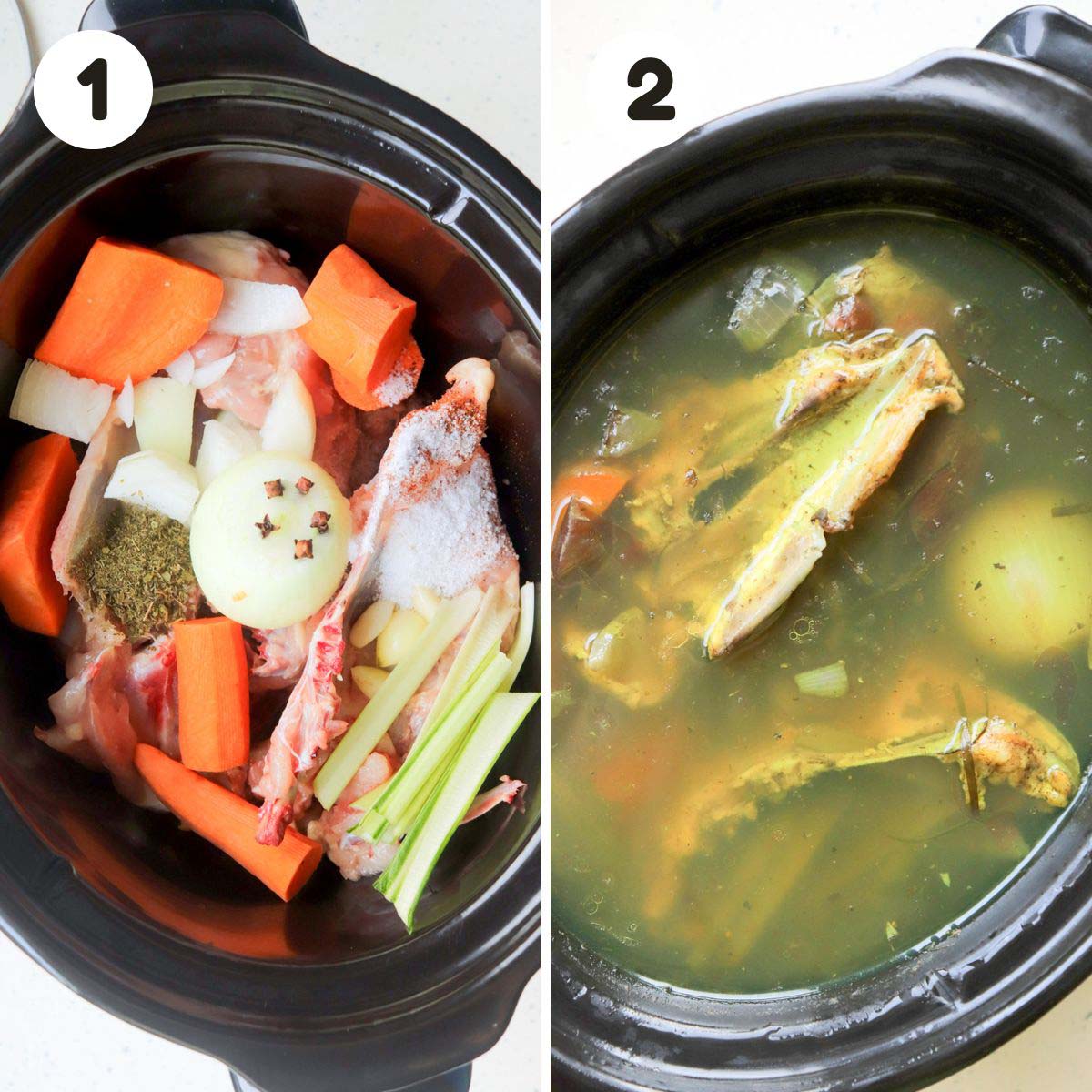two image process making healthy slow cooker chicken stock.