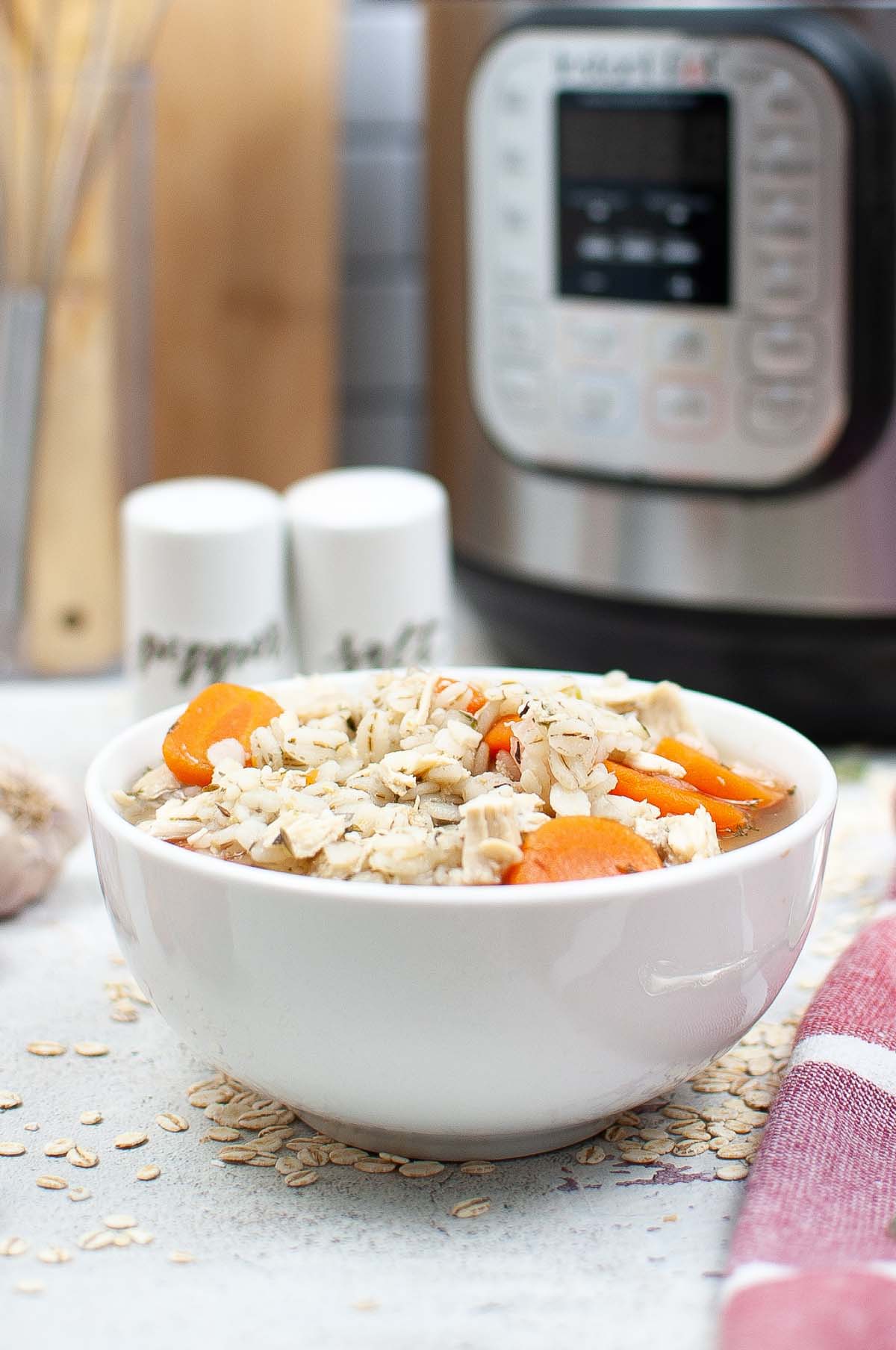 Bowl of soup in front of the Instant Pot.