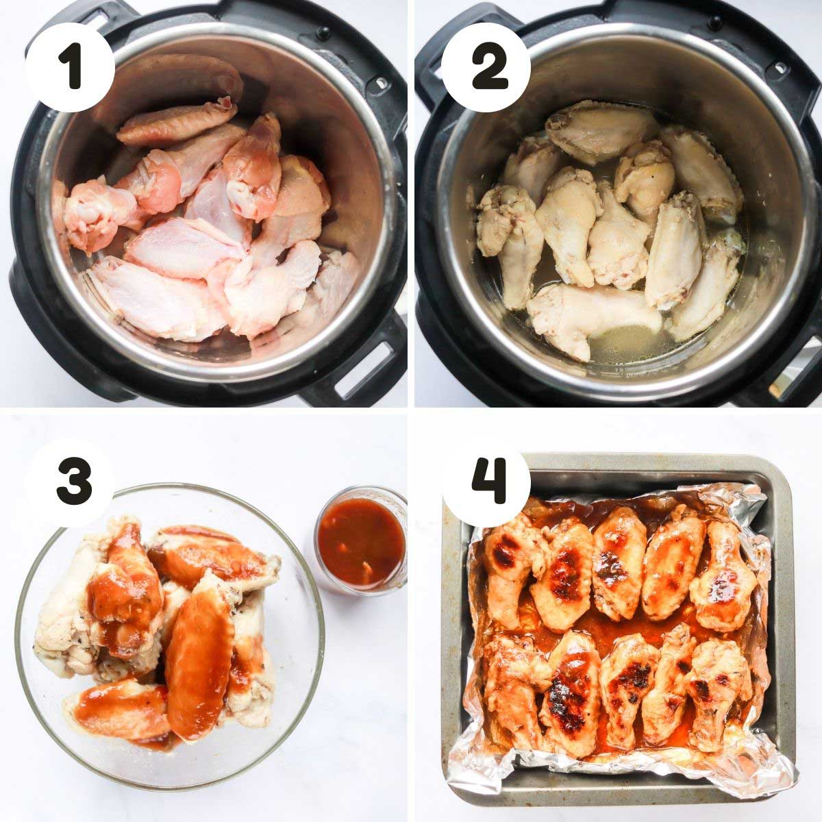 four image process making instant pot bbq chicken wings.