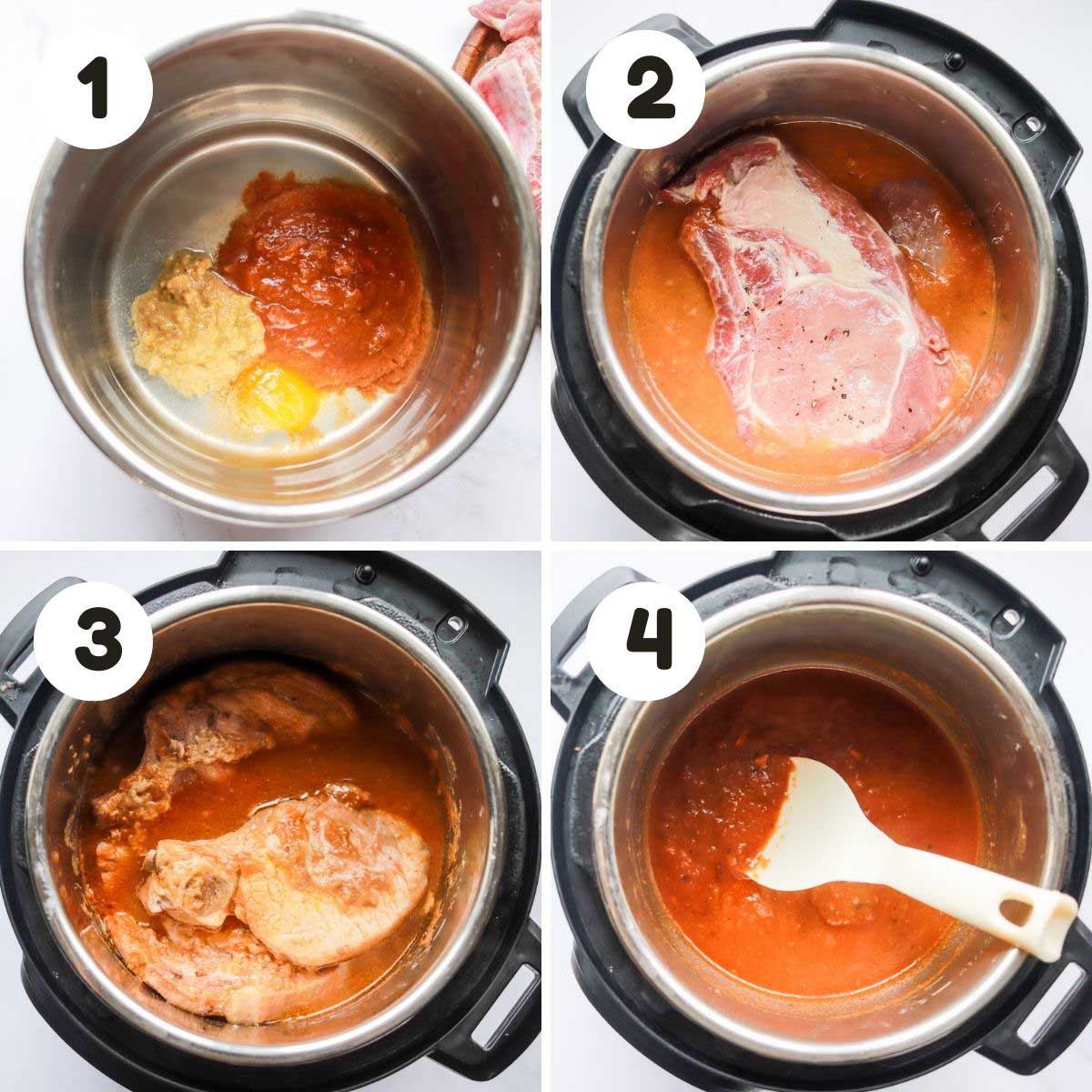 four image process making instant pot bbq pork chops.