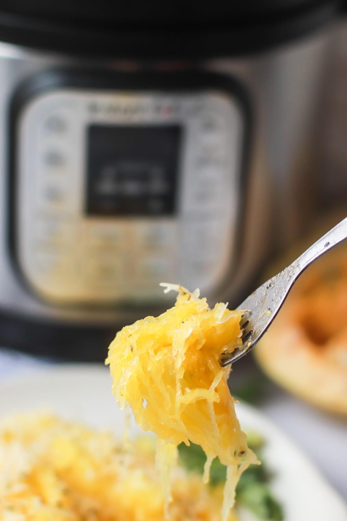 Spaghetti squash on a fork.