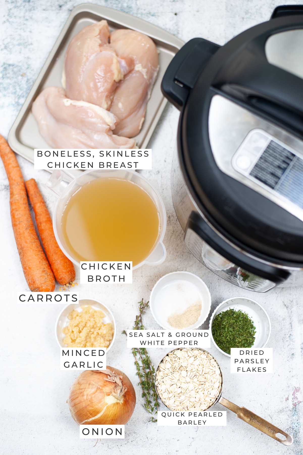 instant pot chicken barley soup labeled ingredients.