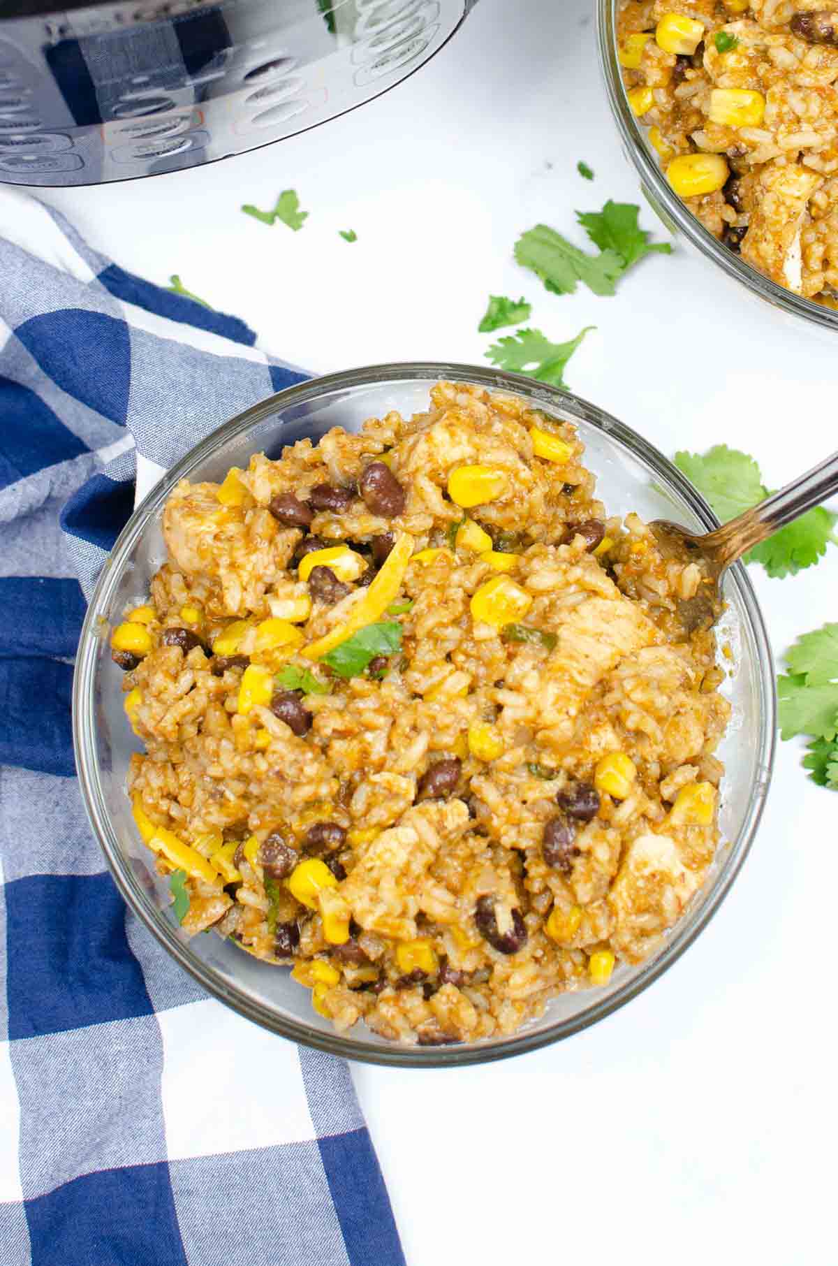 Rice and chicken with beans and corn in a bowl.