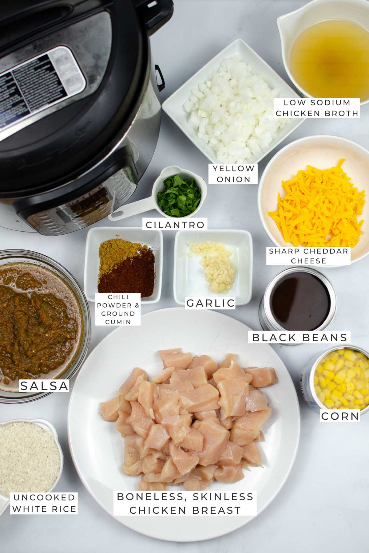 instant pot chicken burrito bowls labeled ingredients.