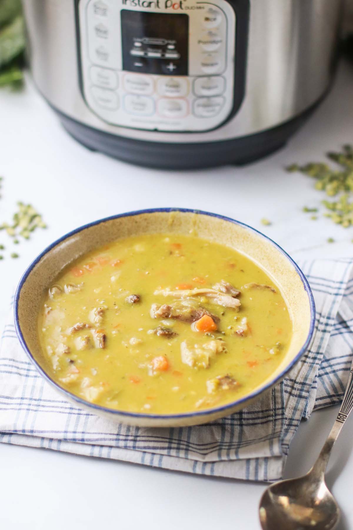 A bowl of soup in front of the Instant Pot.