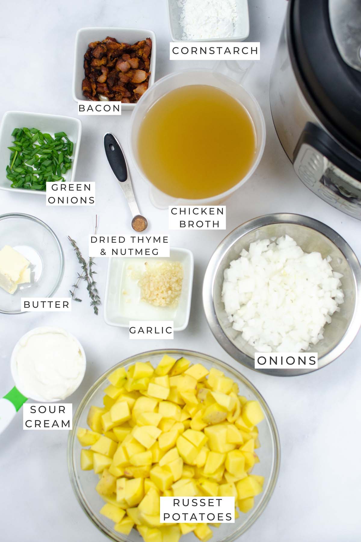 Labeled ingredients for the potato soup.