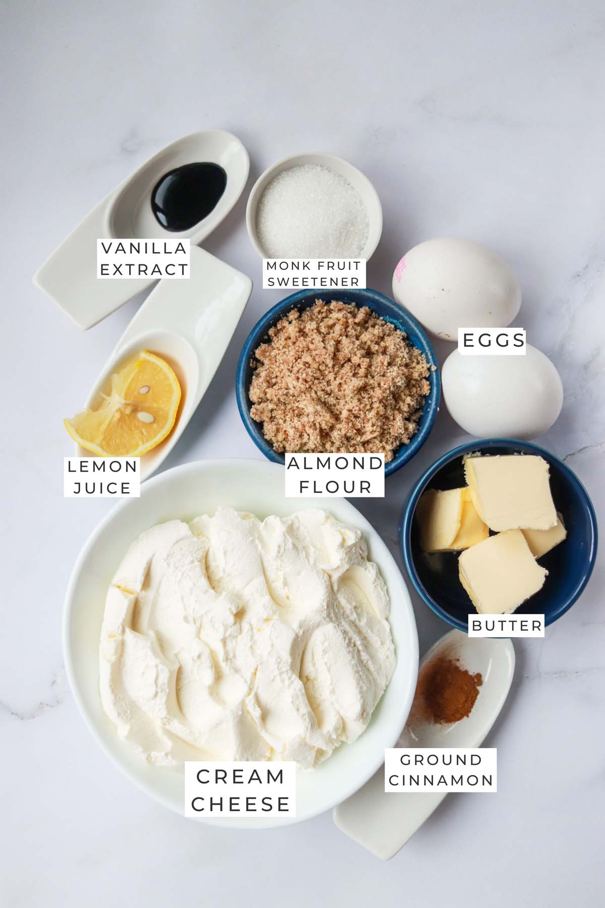 Labeled ingredients for the cheesecake.