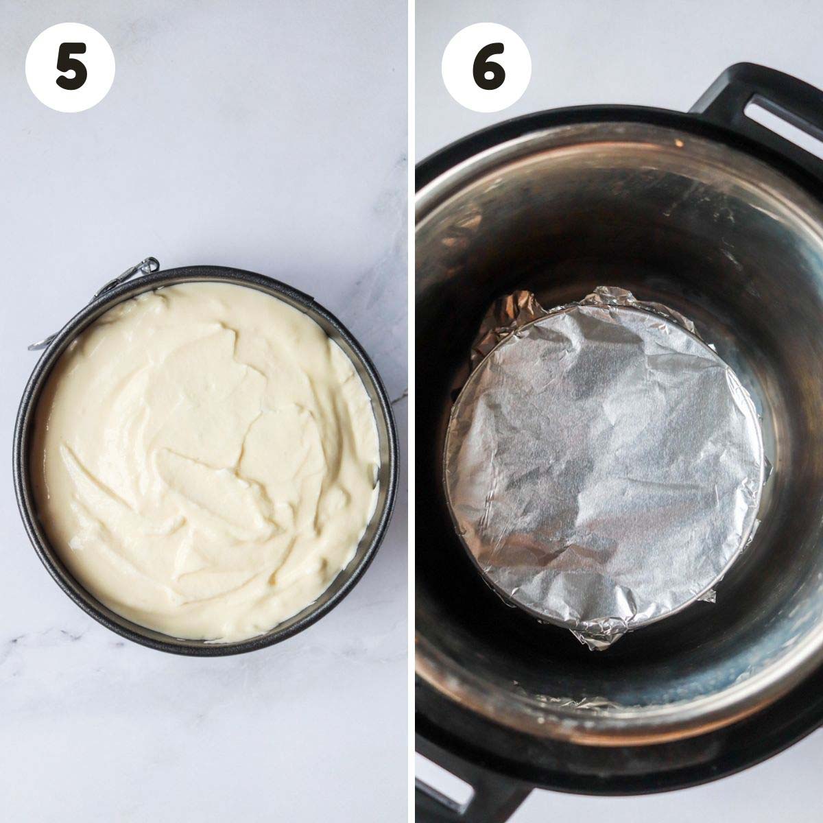 Steps to putting the cheesecake in the Instant Pot.