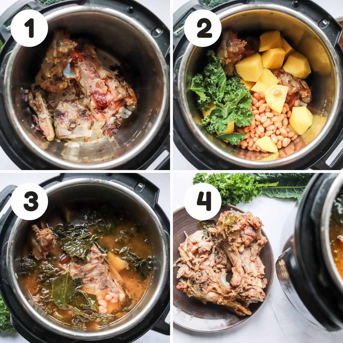 four image process making instant pot potato kale soup.