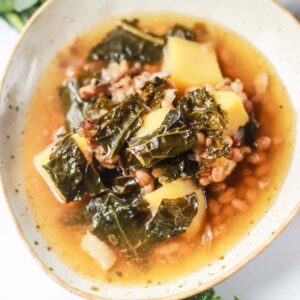 instant pot potato kale soup thumbnail picture.