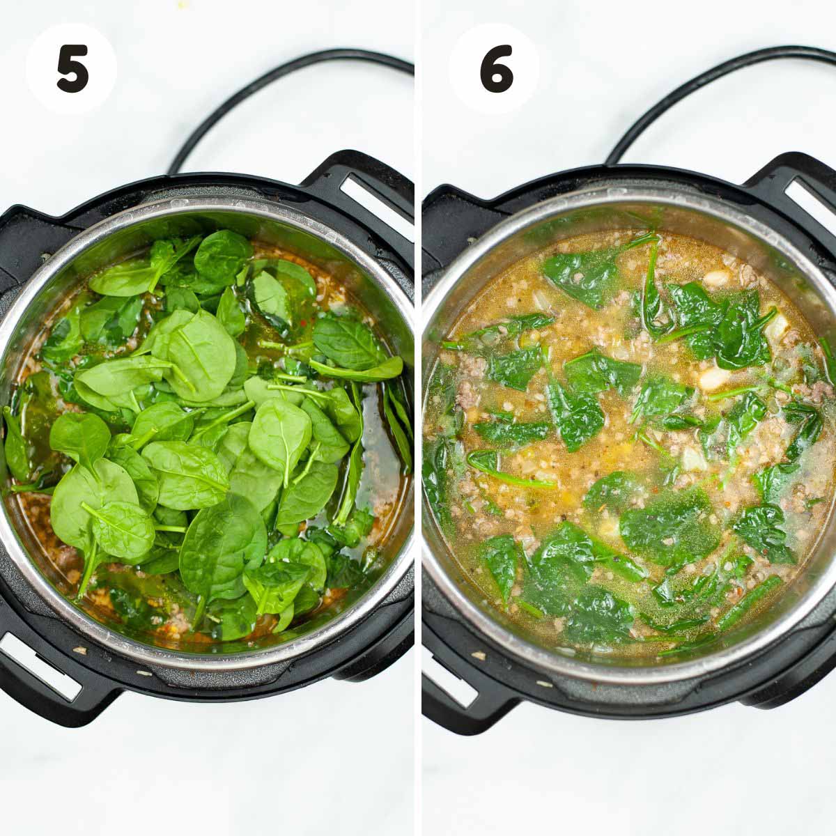 Steps to add the spinach to the soup.